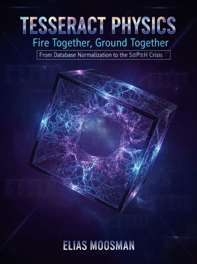 Tesseract Physics - Fire Together Ground Together book cover by Elias Moosman - explains Unity Principle S≡P≡H connecting database performance, AI alignment, and consciousness